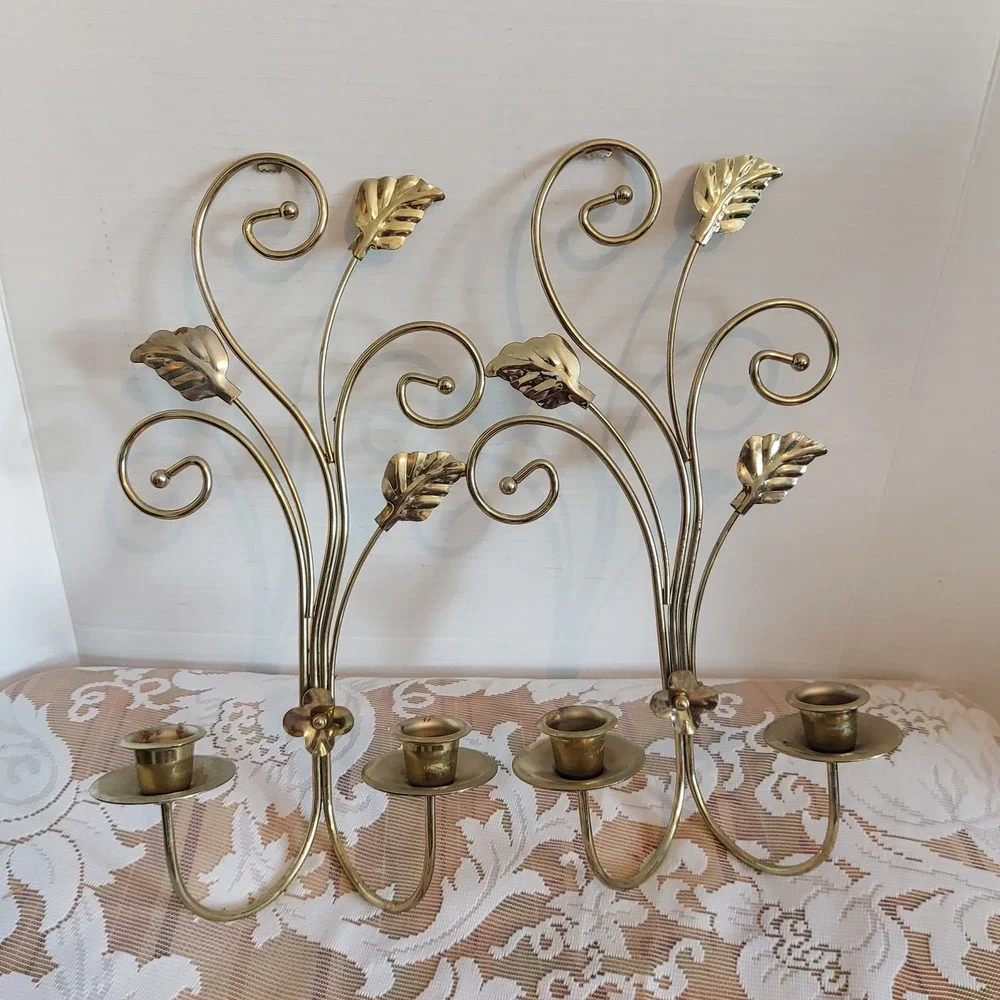 Vintage Brass Wall Sconce Set Leafy Vine Hollywood Regency Candle Holders Gold